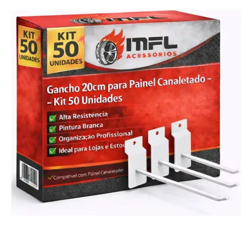 Kit 50 Ganchos para Painel Canaletado Cor Branco 20cm Marca MFL