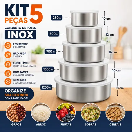 Kit 5 Potes Inox com Tampa Redondo Porta Alimentos Cozinha Jogo Organizador Cozinha