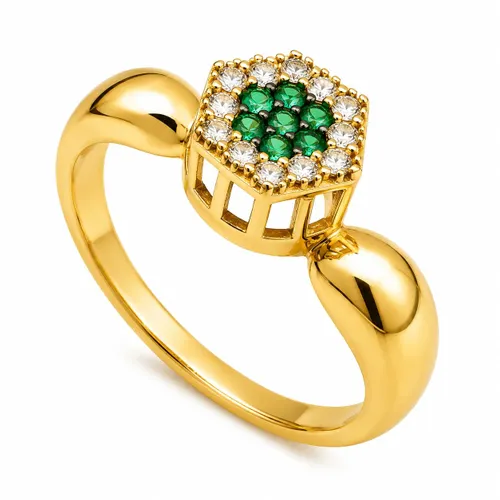 Anel Chuveiro com 7 Esmeraldas E 12 Zircônias em Ouro 18K
