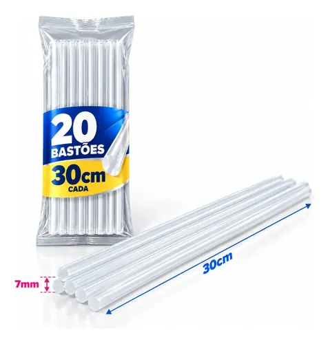 Kit 20 Bastão de Cola Quente Fino 7mm com 30cm Transparente para Pistola Pequena