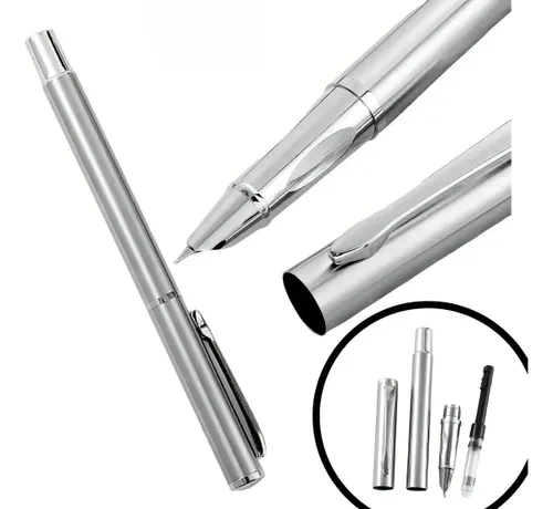 Caneta Prata Pena Tinteiro Presente Luxo Extra Fina 0,38mm