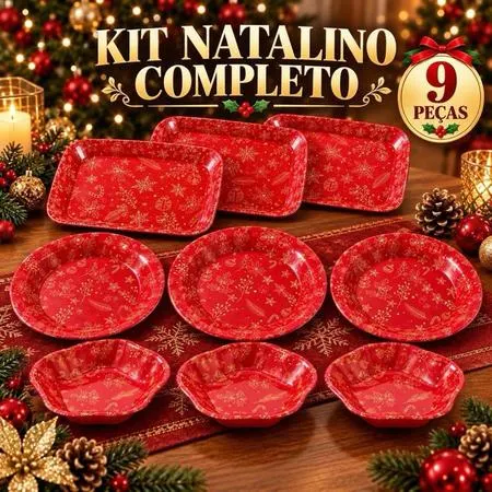 Kit Natalino Completo 9 Peças com Bandejas, Pratos e Petisqueiras Vermelhas