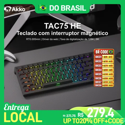 Teclado Mecânico Akko TAC75 HE 75% com Switches Magnéticos, Rapid Trigger 0.005mm, ARGB, Taxa de Polling 8K, Teclado Gamer Personalizável com Fio