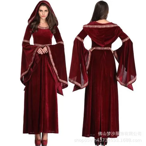 Vestido medieval renascentista bordô para mulher, com mangas largas e corte em A, vestidos longos para festas de Halloween e fantasias de cosplay.