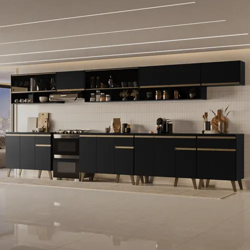 Armário de Cozinha Completa Atlanta Wave com Vidro Carraro Preto Touch