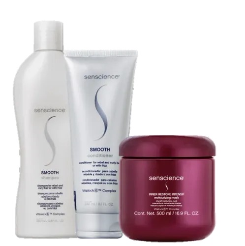 Kit Senscience Smooth Shampoo 280ml Condicionador 240ml e Máscara Inner Restore Intensif 500ml