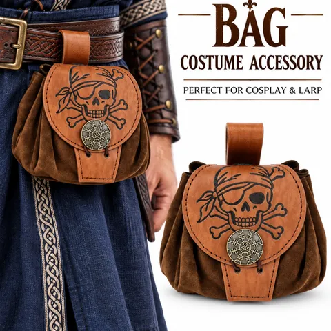Bolsa de cintura medieval de couro sintético para o Halloween, bolsa de cinto com rebites de estilo vintage, acessório para fantasias de cosplay.