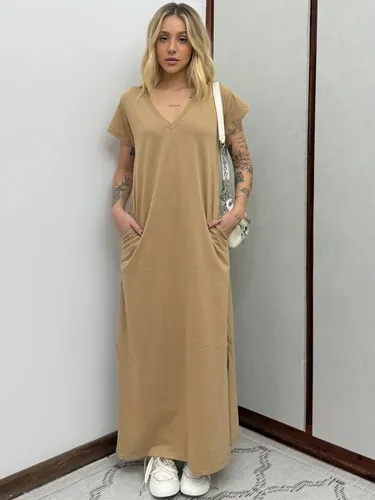 Vestido Longo de Algodão com Bolso Decote V Caramelo
