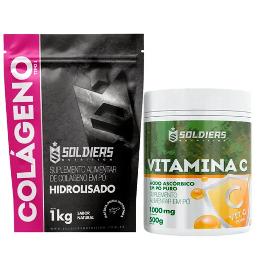 Kit: Colágeno 1Kg + Vitamina C em Pó 500g - 100% Puro Importado - Soldiers Nutrition