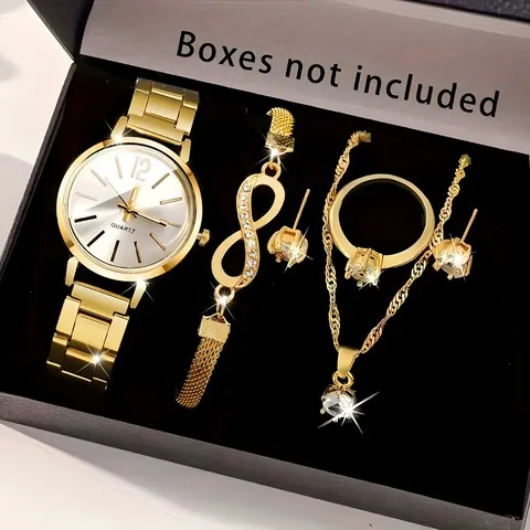 Conjunto de joias para mulheres, 6 peças, relógio de quartzo fashion + pulseira de cristal infinito, colar, brinco, anel para mulheres (sem caixa)