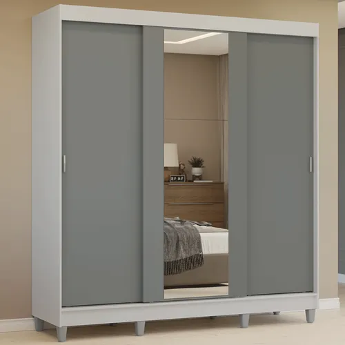 Guarda-Roupa Casal com Pés 3 Portas de Correr com Espelho Branco/Cinza Reno Madesa