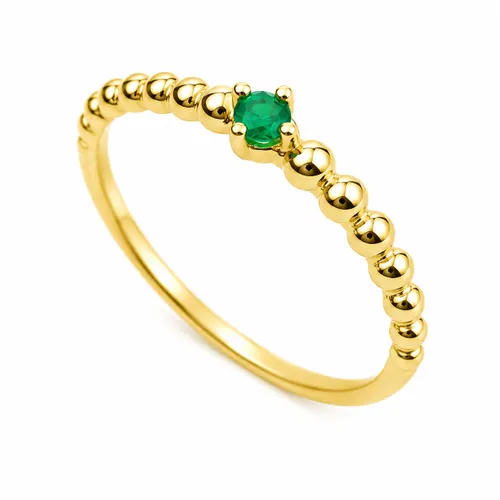 Anel com Esmeralda e 12 Esferas Laterais em Ouro 18K