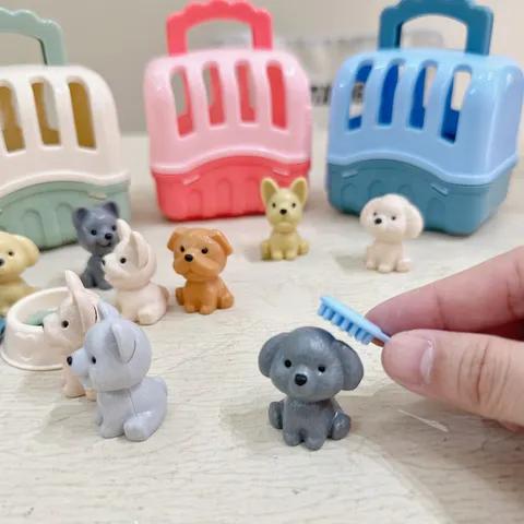 8 pçs/set bonito cão pet cesta brinquedos da família conjunto boneca do cão gaiola brinquedos cena jogando brinquedos decoração de natal presentes