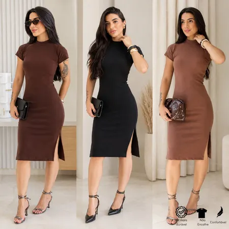 KIT Vestido Midi Tubinho com Manga e Gola Alta Canelado Feminina em Ribana  Canelada com Elastano Estilosa Elegante