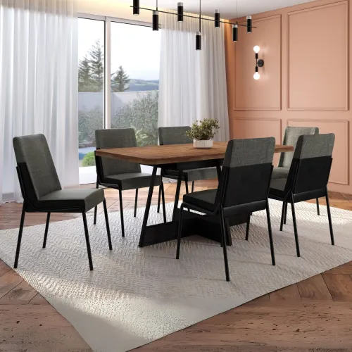 Conjunto Sala de Jantar 6 Cadeiras Boston Carraro Nogal Preto