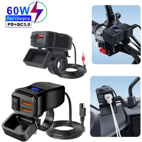 PD QC3.0 Motocicleta USB Carregador Celular Rápido 12V Adaptador de Fonte de Alimentação Tipo C Porta Soquete Conector com Interruptor Voltímetro