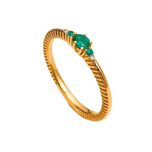 Anel com 3 Esmeraldas, 2 Diamantes e Lateral Trabalhada em Ouro 18K