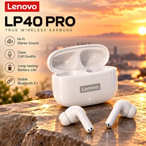 Fones de ouvido Bluetooth Lenovo LP40 Pro, com graves potentes, controle por toque, resistência à água IPX5, fones de ouvido sem fio para uso diário, no trabalho e durante o treino.