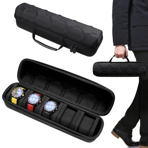 Organizador de Relógios Rígido com 5 Compartimentos - Estojo de Viagem Portátil com Forro Acolchoado, Caixa de Armazenamento Preta Pronta para Presente para Smartwatch