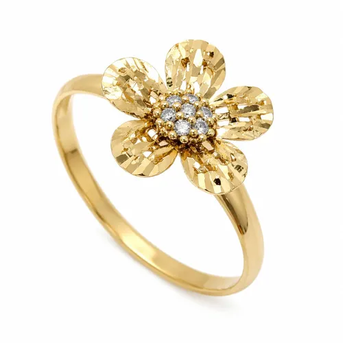 Anel Flor com Zircônias em Ouro 18K