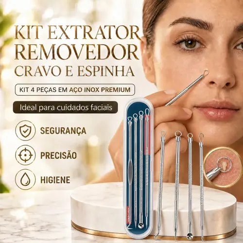 Kit Extrator Removedor de Cravo Espinha Facial 4 Peças Aço Inox + Estojo Profissional Riel Music