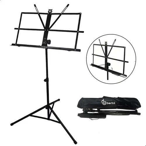 Estante Porta Partitura Bertô Preto Ajustável 75cm-1.3m Dobrável com Bolsa
