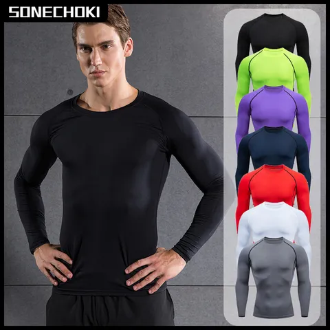 Camisa de compressão masculina de manga comprida para academia, roupa esportiva de secagem rápida, camiseta fitness para treino e exercícios musculares.