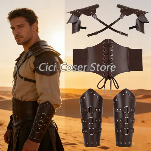 Conjunto de armadura medieval em couro sintético, composto por escudo, corpete, cinto de cintura e braçadeiras, para homens, ideal para cosplay de cavaleiro viking, pirata, ou para festas de Halloween.