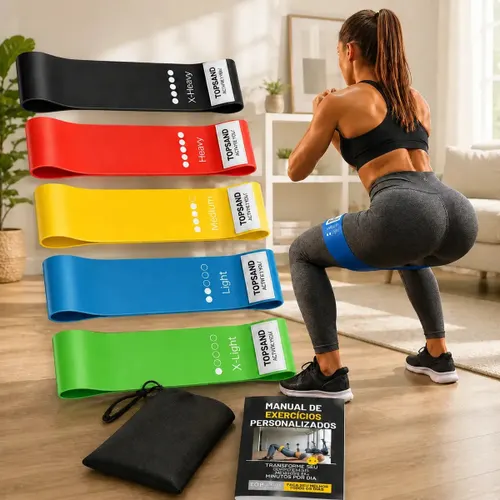 Kit 5 Faixas Elásticas Mini Band Super Band P/ Treino Exercícios Academia Funcional Fisioterapia Resistência Extensor Esporte Ginástica Pilates Cross Training + Manual de Treinos Topsand Activewear