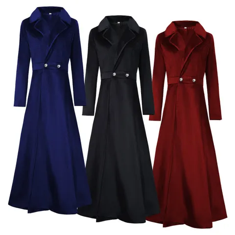 Casaco longo feminino, estilo medieval steampunk vitoriano, com lapela, mangas compridas, casaco trench, jaqueta de veludo, fantasia de Halloween