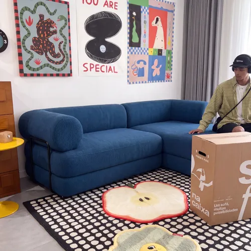 Sofá Cama Nest Tecido Boucle Azul - Sofá na Caixa