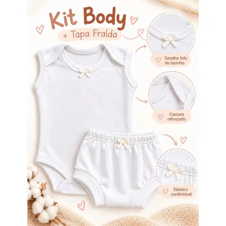 Kit Conjunto 2 Body sem Manga + 2 Tapa Fralda Bebê  Meninos e Meninas 0 a 18 meses
