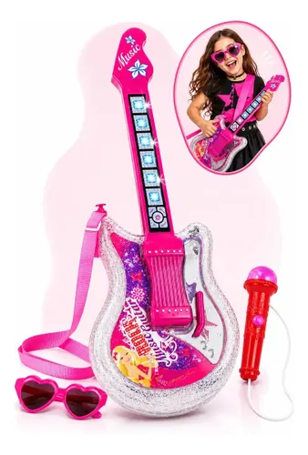 Guitarra Infantil com Microfone Girls Rock Brinquedo Musical com Luzes 8 Teclas Melodias e Correia Ajustável Instrumento para Menina a Pilha 57 cm Rosa Kizumba