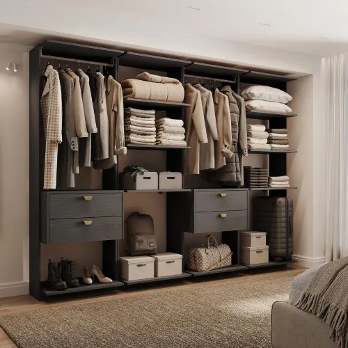 Guarda-Roupas Closet Modulado Alasca 240cm 4 Peças com 4 Gavetas e Cabideiros Preto Touch Carraro
