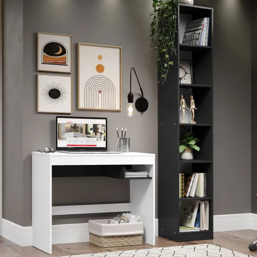 Escrivaninha Madesa Rubi + Estante Livreiro 6906 Branco/Preto