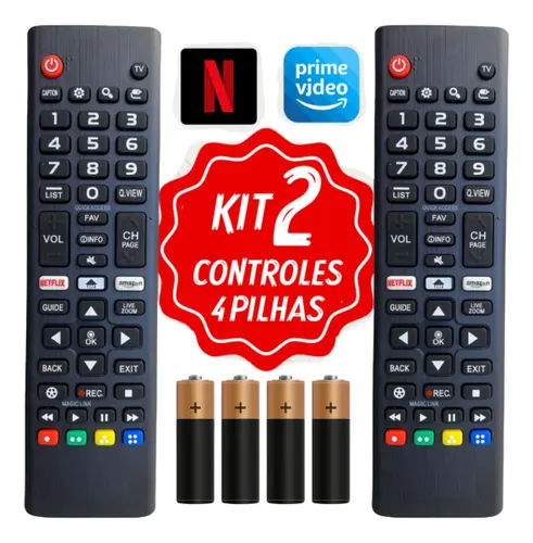 Kit 2 Controle Remoto para Smart Tv LG + 4 Pilhas com Teclas Netflix e Prime Video Gcase