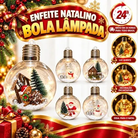 Bola Decorativa de Natal Temática Led Bolinha Natalina Iluminada para Árvore Decoração