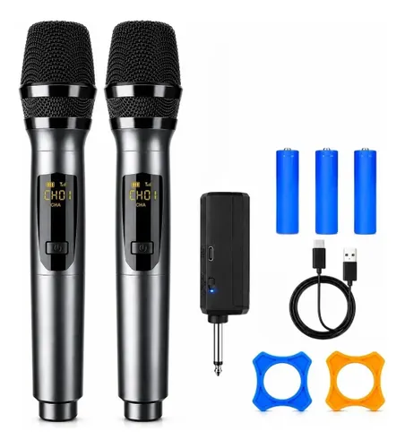 Microfone sem Fio Duplo UHF Profissional Preto Recarregável Led Karaokê Palestras Shows Igrejas Apresentações Mzcell