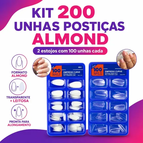 Kit 200 Unhas Postiças Almond Curta Branca e Transparente Manicure Nail Designer Decoração de Unhas Bmed