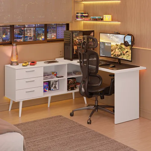 Escrivaninha em L Mesa para Computador Gamer 3 Gavetas Branco Lisboa Madesa