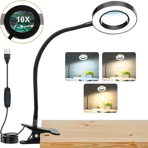 Lupa de Aumento 10X com 3 Modos de Cor, Luminária de Mesa LED com Grampo de Metal e Haste Flexível para Leitura e Arte de Unhas