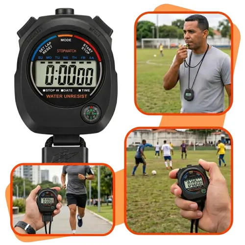 Cronômetro Digital de Mão Esportivo Profissional Corrida Treino Futebol Competição Alarme Relógio Data com Cordão LCD