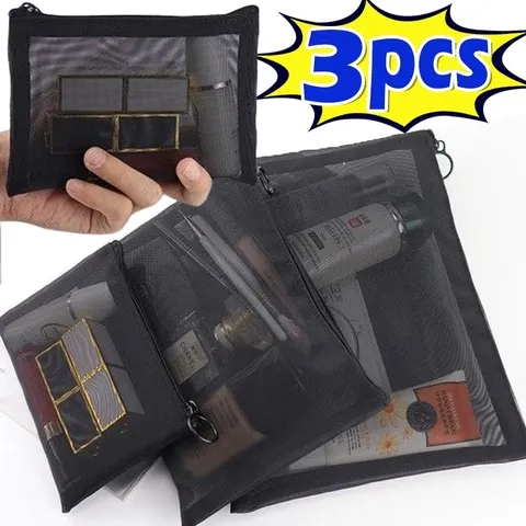 1/3 pçs malha clara sacos de cosméticos pequeno grande preto saco de maquiagem portátil viagem organizador caso batom bolsa de armazenamento