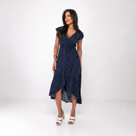 Vestido Feminino Envelope Midi Forrado Transpassado Regulável na Cintura