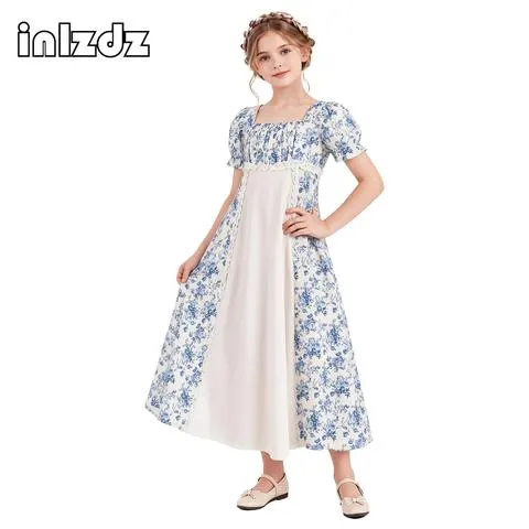 Vestido medieval renascentista para meninas, com gola quadrada, mangas curtas bufantes, cintura império e detalhes em renda e motivos florais, ideal para festas temáticas de Halloween.