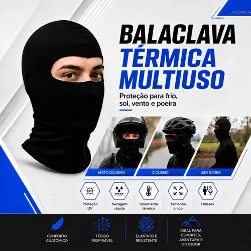 Touca Balaclava Ninja Uv50+ Térmica Respirável Moto Bike Corrida Ciclismo Motoboy Academia Proteção Solar Frio Vento Secagem Rápida Unissex Preto Capa Rosto Facial - Topsand Activewear