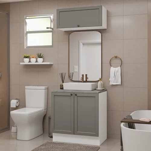 Conjunto Gabinete para Banheiro 80cm 3 Portas Branco/Cinza Vik Madesa 02