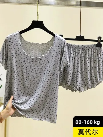 Camiseta Modal de Manga Curta com Efeito Emagrecedor para Mulheres, Conjunto de Verão para Uso em Casa, Camiseta Base Estampa...