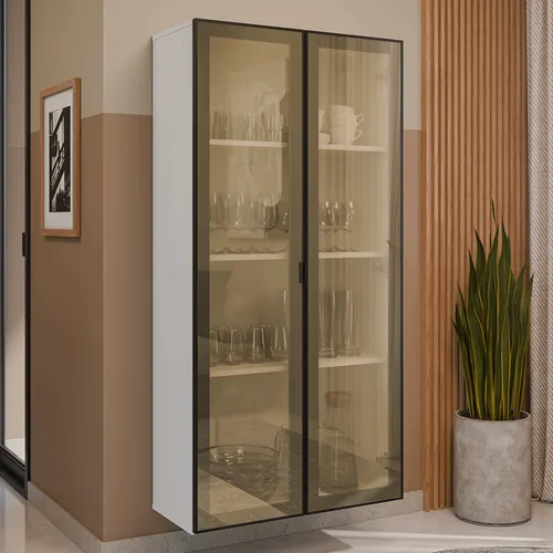Cristaleira Suspensa 70 cm 2 Portas Branco/Preto Vidro Reflecta Bronze Vinil Madesa
