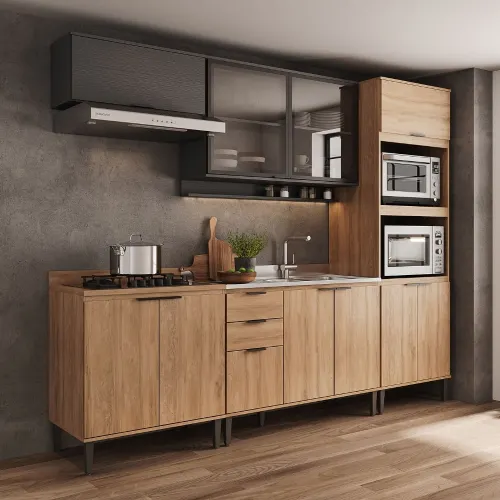 Armário de Cozinha Completa c Balcão Miami Studio Carraro Preto c Freijó